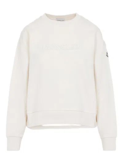 Moncler Crew Neck Sweatshirt Long Sleeves Ribbed Trims In White