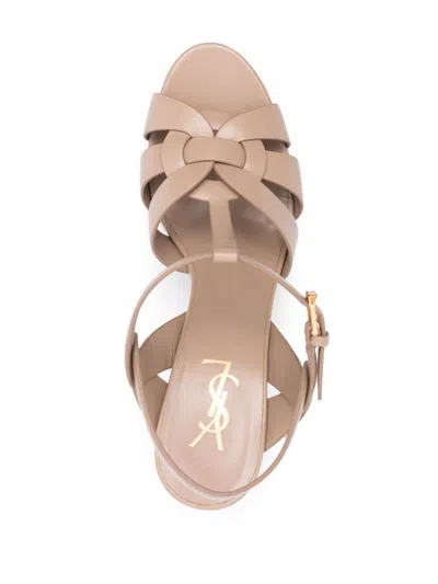 Saint Laurent Tribute Platform Sandals In Smooth Leather Beige In Neutral