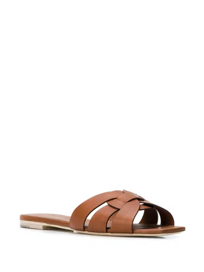 Saint Laurent Tribute Woven Leather Flat Sandals In Brown