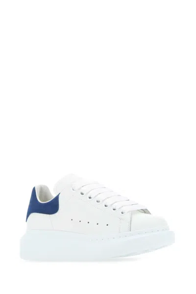 Alexander Mcqueen Women White Leather Sneakers With Blue Suede Heel In White