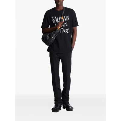 Balmain Crew Neck T Shirt Graphic Print Silk In Black