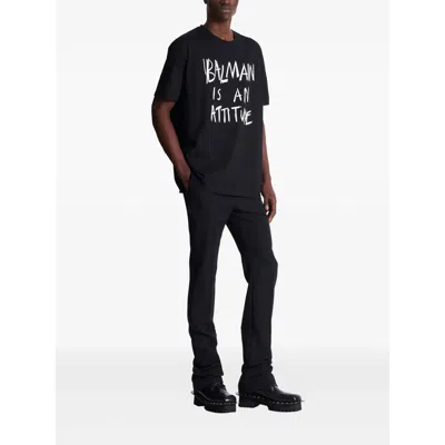 Balmain Crew Neck T Shirt Graphic Print Silk In Black