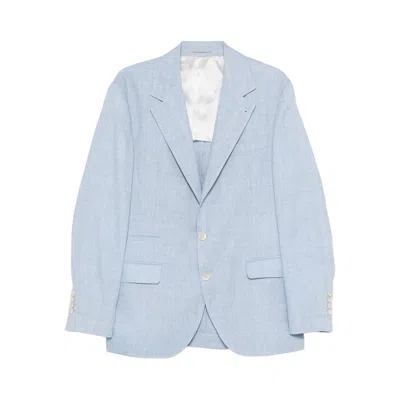 Brunello Cucinelli Linen And Wool Chevron Blazer Light Blue In Blue