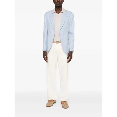 Brunello Cucinelli Linen And Wool Chevron Blazer Light Blue In Blue