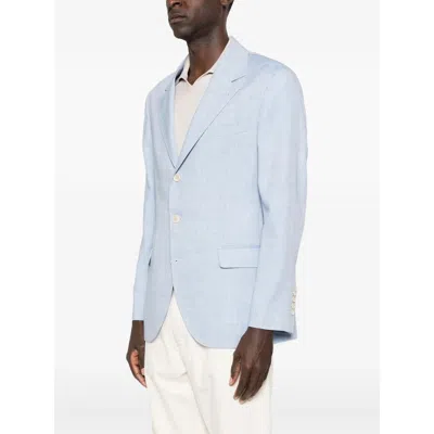 Brunello Cucinelli Linen And Wool Chevron Blazer Light Blue In Blue