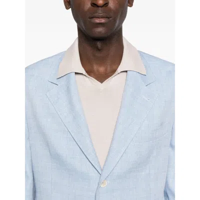 Brunello Cucinelli Linen And Wool Chevron Blazer Light Blue In Blue