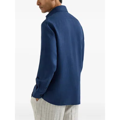 Brunello Cucinelli Men Linen Shirt In Blue