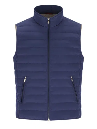 Brunello Cucinelli High Neck Quilted Sleeveless Down Vest In Blue