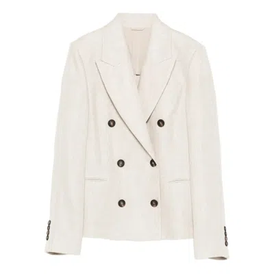 Brunello Cucinelli Button Herringbone Blazer In White