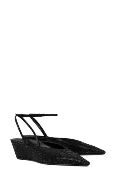 Tory Burch Crystal-embellished Leather Wedge Pumps In Black