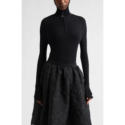 Cecilie Bahnsen Elma Hooded Rib Merino Wool Half Zip Sweater In Black