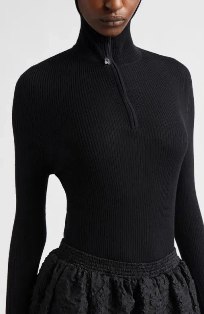 Cecilie Bahnsen Elma Hooded Rib Merino Wool Half Zip Sweater In Black