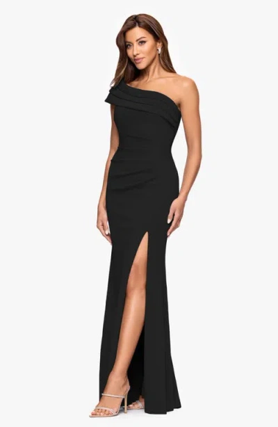 Xscape Evenings One-shoulder Knit Gown In Black