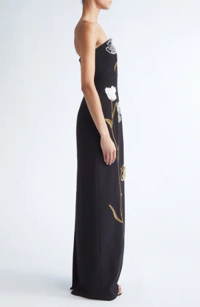 Lela Rose Floral Cord Embroidery Strapless Stretch Crepe Gown In Multi