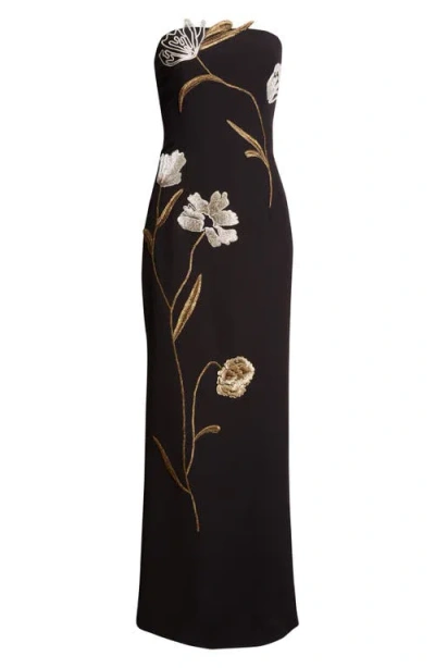 Lela Rose Floral Cord Embroidery Strapless Stretch Crepe Gown In Multi