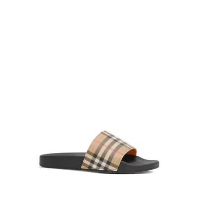 Burberry Brown Slides Sandals With Vintage Check Motif In Polyurethane In Multi