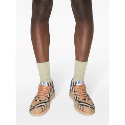 Burberry Men Beige Low Top Sneakers With Check Motif In Mixed Tech Fabrics Man In Multi