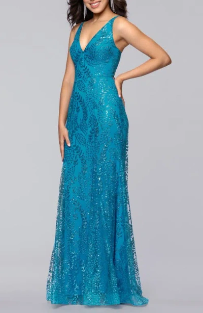 Blondie Nites V-neck Sequin Gown In Blue