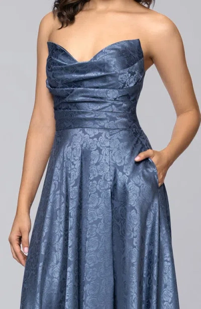 Blondie Nites Jaquard Strapless Gown In Blue