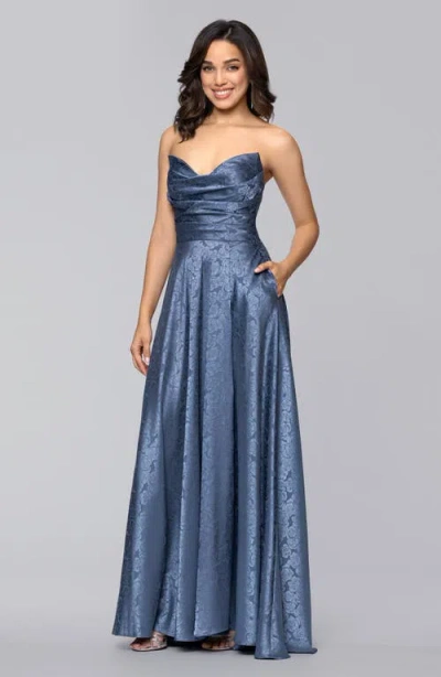 Blondie Nites Jaquard Strapless Gown In Blue