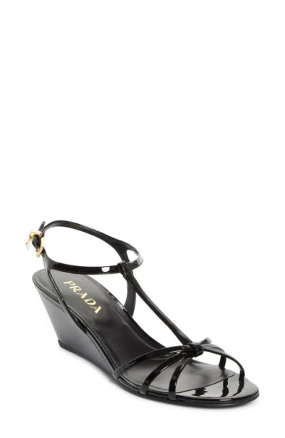 Prada Leather Sandals Wedge Heel Open Toe In Black