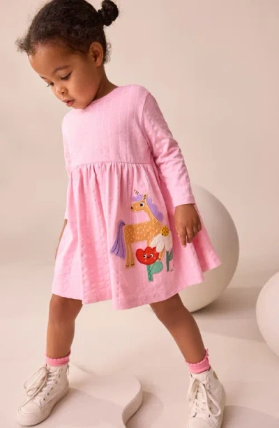 Next Kids' Unicorn Appliqué Long Sleeve Cotton Jersey Dress In Pink