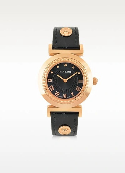 Versace 35mm Vanity Round Watch W/ Diamond Bezel & Leather Strap, Rose Golden/black In Rose Gold/black
