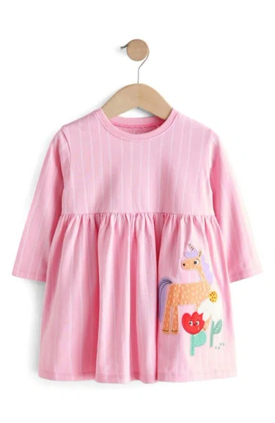 Next Kids' Unicorn Appliqué Long Sleeve Cotton Jersey Dress In Pink