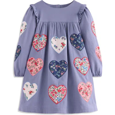 Mini Boden Kids' Heart Appliqué Long Sleeve Cotton Dress In Purple