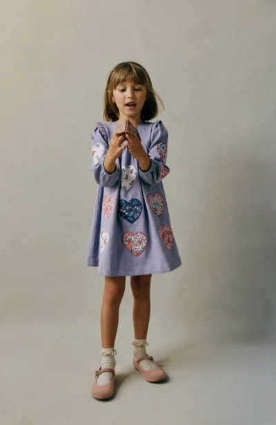 Mini Boden Kids' Heart Appliqué Long Sleeve Cotton Dress In Purple