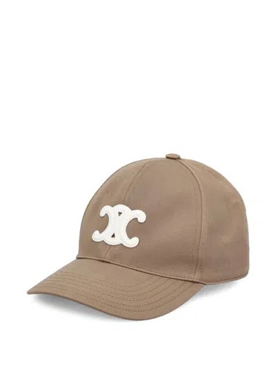 Celine Women Triomphe Cotton Baseball Cap In Brown