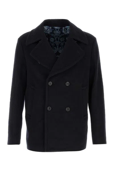 Etro Textured Double-breasted Coat Front Pockets In Blue