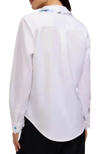 Foxcroft Charlie Floral Trim Cotton Blend Button-up Shirt In White