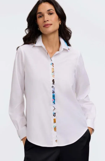 Foxcroft Charlie Floral Trim Cotton Blend Button-up Shirt In White