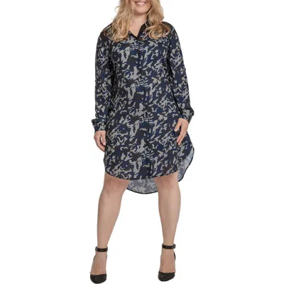 Standards & Practices Camo Chiffon Long Sleeve Shirtdress In Blue
