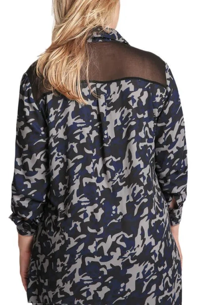 Standards & Practices Camo Chiffon Long Sleeve Shirtdress In Blue