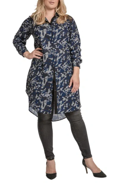 Standards & Practices Camo Chiffon Long Sleeve Shirtdress In Blue