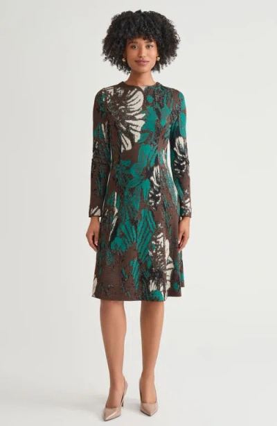 Ming Wang A-line Floral Jacquard Soft Knit Midi Dress In Green