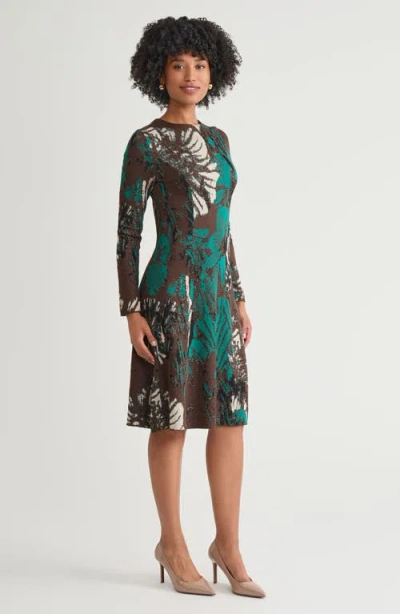 Ming Wang A-line Floral Jacquard Soft Knit Midi Dress In Green