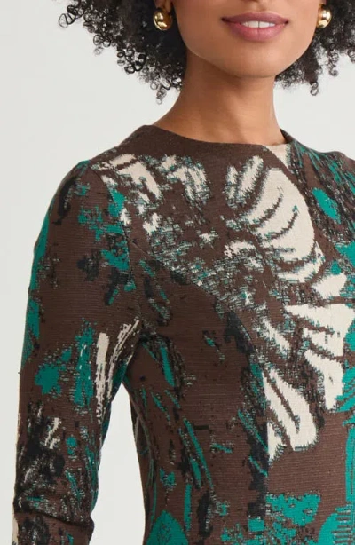 Ming Wang A-line Floral Jacquard Soft Knit Midi Dress In Green