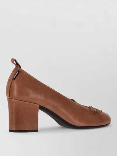 Miu Miu Nappa Pumps Block Heel Bow Detail Pull Tab In Brown