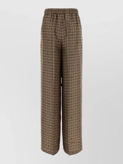 Max Mara Silk Trousers All Over Pattern Wide Leg In Brown