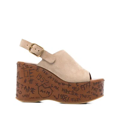 Chloé Desert Sand Platform Sole Graffiti Print Sandals In White