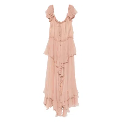Chloé Gathered Ruffle Organic Silk Mousseline Gown In Pink