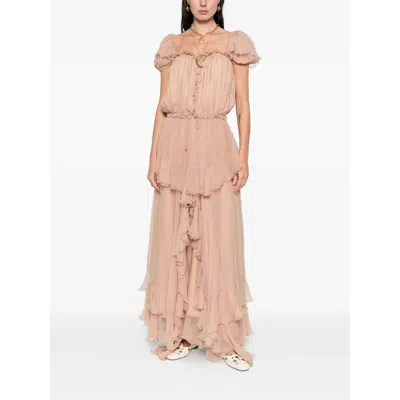 Chloé Gathered Ruffle Organic Silk Mousseline Gown In Pink