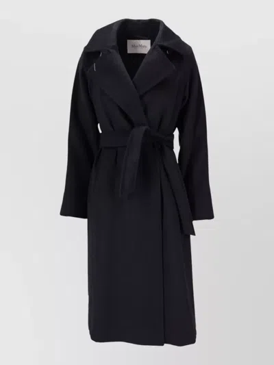 Max Mara Belted Mid Length Coat Notched Lapels In Black
