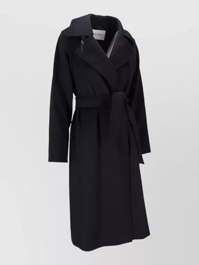 Max Mara Belted Mid Length Coat Notched Lapels In Black