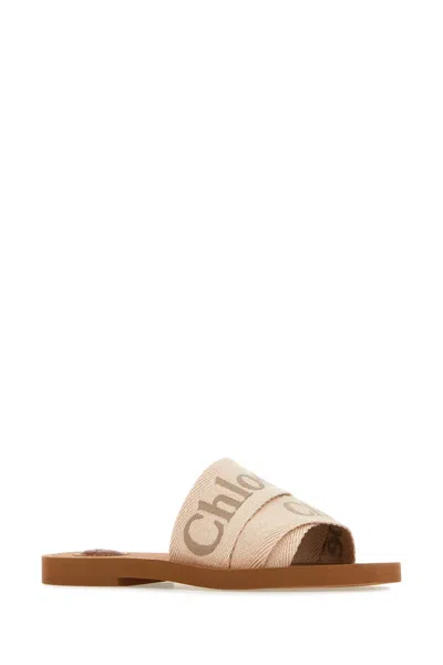 Chloé Chloe Women Beige Linen Woody Slippers In Brown