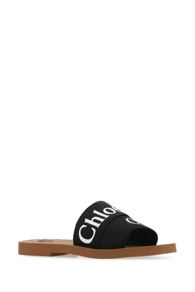 Chloé Chloe Women Black Linen Woody Slippers In Multi