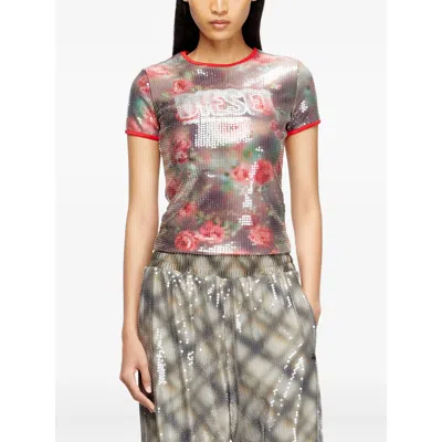 Diesel T-unkyel Sequinned Skinny Floral Print Jersey Top In Multi